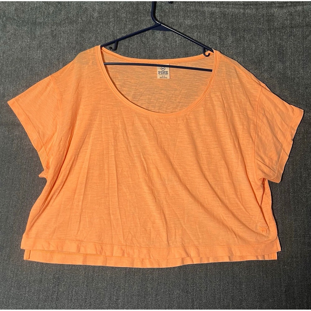 PINK Victoria's Secret Womens S Peach Scoop Neck Logo Short Sleeve Knit Crop Top